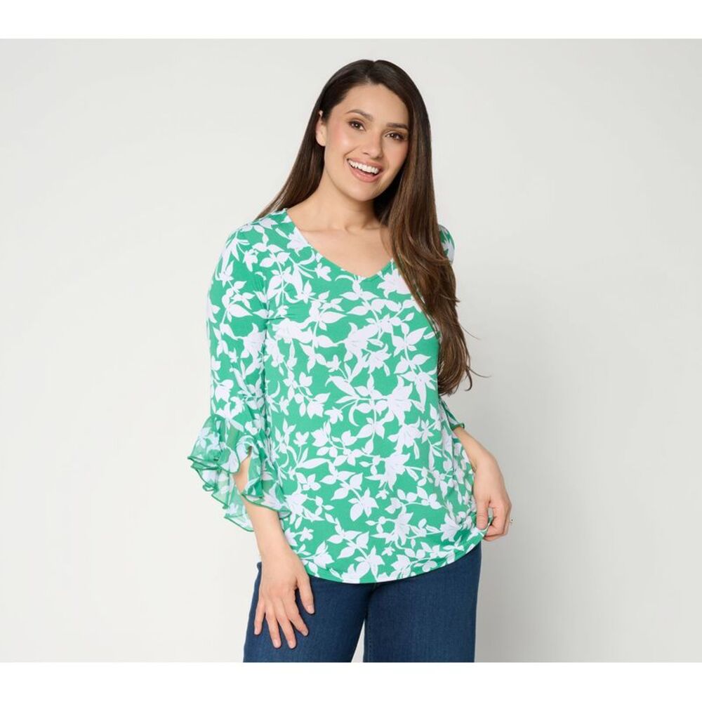 Susan Graver Women's Top Sz L Printed Liquid Knit Chiffon Ruffle Green